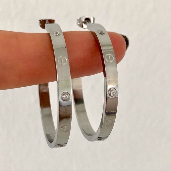 Screw Zirconia Stainless Steel Hoop Earrings - Picture 6 of 7